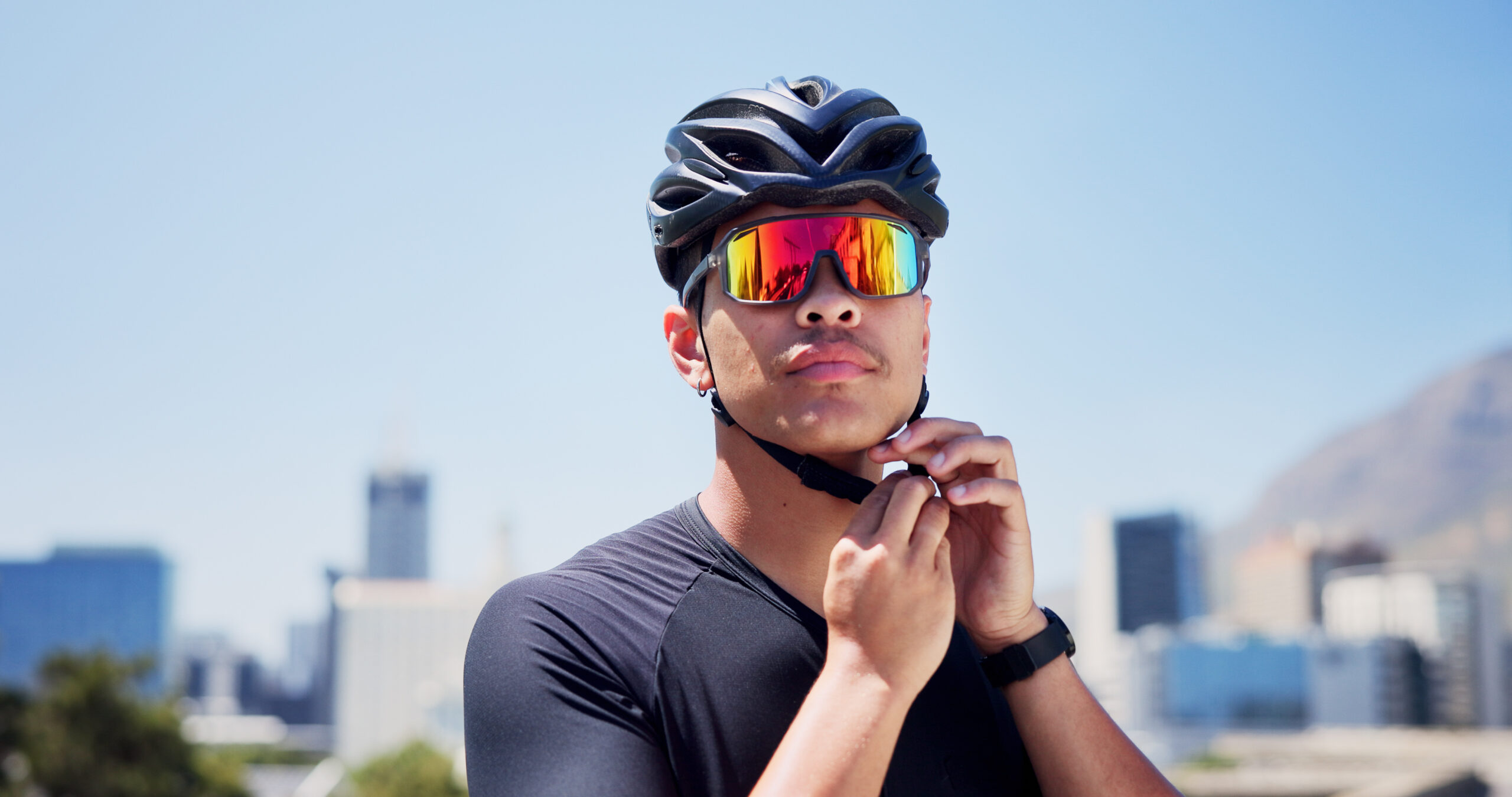 Sports helmet man with sunglasses outdoor ready exercise training active hobby city fitness athlete person with safety gear polarized lens protection cycling workout